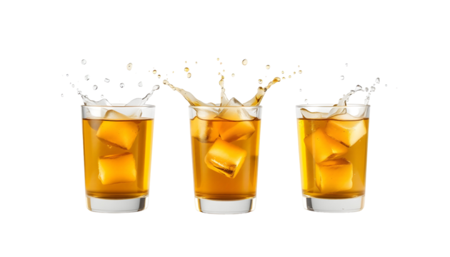 Whiskey on the rocks with ice cubes, three variations