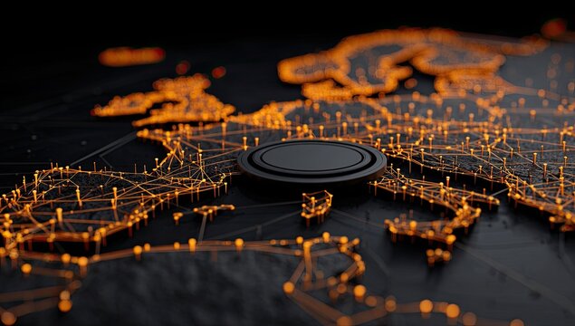 Glowing network map of Europe, central dark object highlighting connections