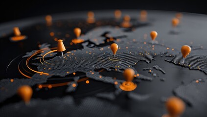 World map with pins marking locations, digital dots