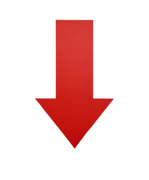 A vibrant red arrow pointing downwards against a transparent background, emphasizing direction and movement.