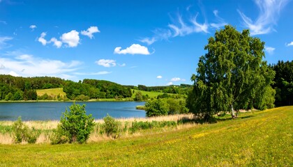 Lakeside landscape under sunny sky
