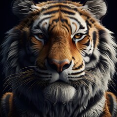 Fototapeta premium Tiger face close up with blue eyes and soft fur on dark background