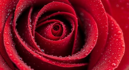 Close-up of a vibrant red rose with water droplets on its velvety petals.