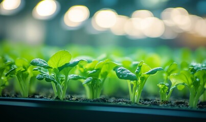 Vertical farming in an indoor agricultural setting, utilizing hydroponics, energy-efficient LED lights, and automated systems for enhanced productivity. The image highlights modern, Generative AI