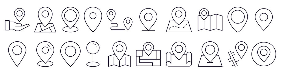 Collection of Line Icons of Map Pin. Editable Stroke. Minimalistic Linear Pictogram for Design of Cards, Apps, Banners, Posts