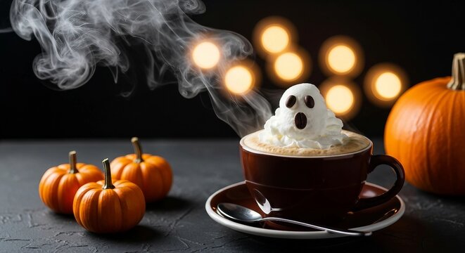 Halloween coffee with ghost shaped whipped cream for holiday season