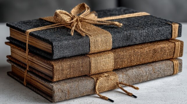 Stack of three textured books tied with twine, neutral tones, close up.