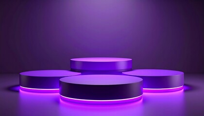Four circular, purple podiums with neon pink outlines in a studio setting