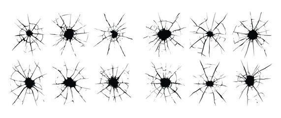 Cracked window glass with a bullet hole. broken cracked window wall.