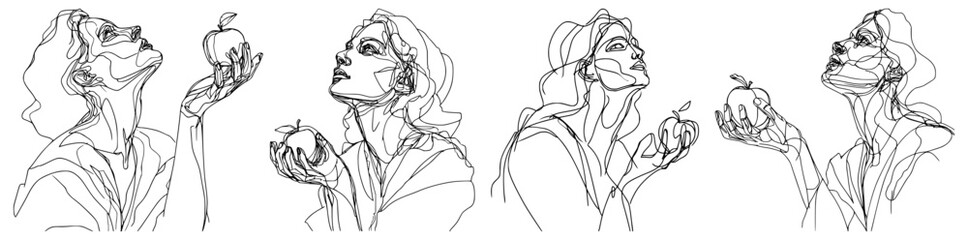 Girl holding an apple in her hand in different poses. Vector image of a girl, sketch of shapes