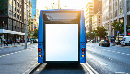 Rear view of a blue city bus with a blank billboard on the back driving down a city street on a sunny day, perfect for advertising