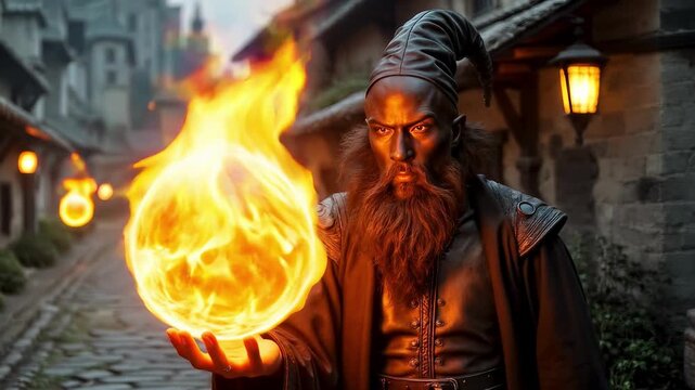 A mysterious black magician performs magic with a fireball on the street of a medieval town