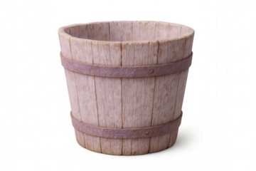 Weathered wooden bucket, metal-banded, resting against transparent backdrop, highlighting vintage craftsmanship and rural heritage