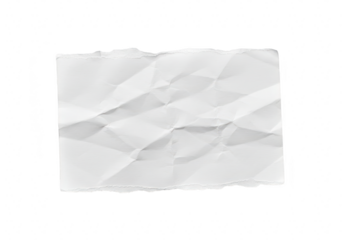 A single sheet of crumpled white paper with torn edges, isolated on a transparent background, showcasing its textured surface and intricate creases