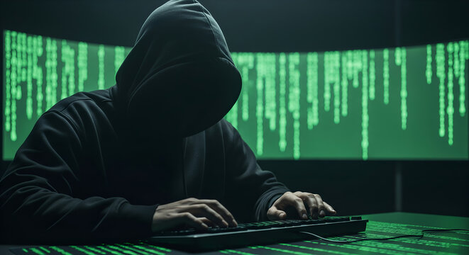 Hooded Hacker in Dark Room: Cybercrime and Data Breach - Powered by Adobe