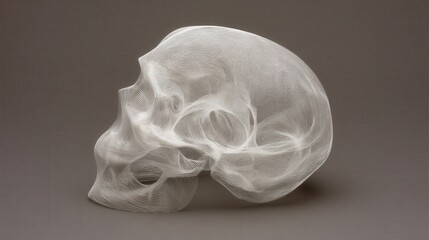 A white, wireframe - like human skull sculpture with delicate lines, set against a gray background, presenting an abstract artistic form.