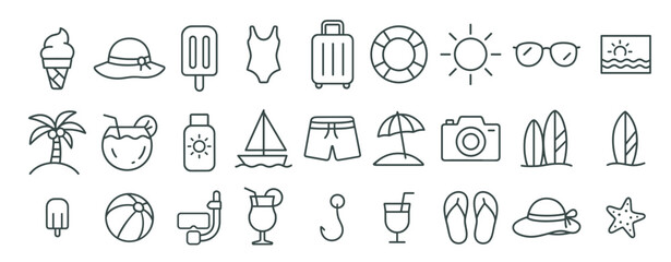 Minimalist summer vacation icons representing travel 