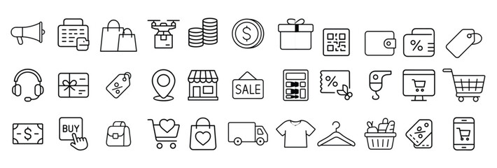 outline icons representing modern shopping e commerce.
