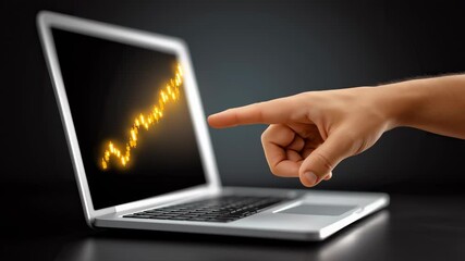 Finger points at laptop screen showing rising graph. Dark background enhances focus on data visualization. Concept of tech consulting, financial analysis, market research - Powered by Adobe