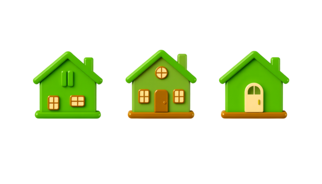 3D Cartoon Green Houses Set on Transparent Background - Powered by Adobe