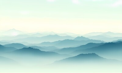 A serene and atmospheric landscape of distant, overlapping mountain ranges shrouded in mist. This minimalist, traditional ink wash style painting evokes tranquility and nature.