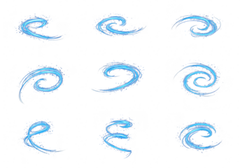 Collection of nine abstract blue water splashes and waves isolated on transparent background