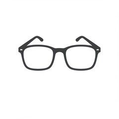 A simple black and white graphic of a pair of eyeglasses with a classic frame design.