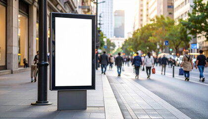 Billboard mockup on a city street with people walking by, offering a blank canvas for advertising and marketing campaigns