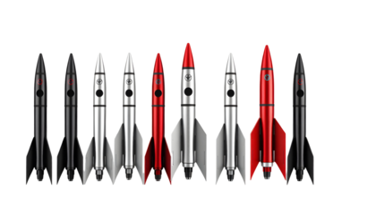 Collection of stylized retro space rockets on a transparent background