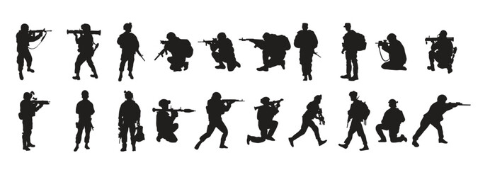 Set armed soldiers silhouette vector illustration
