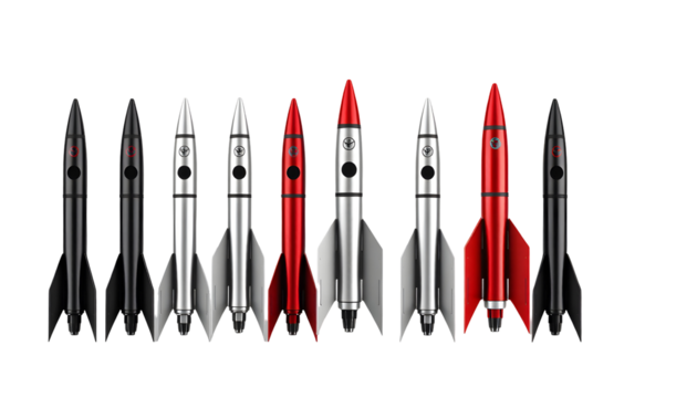 Collection of stylized retro space rockets on a transparent background