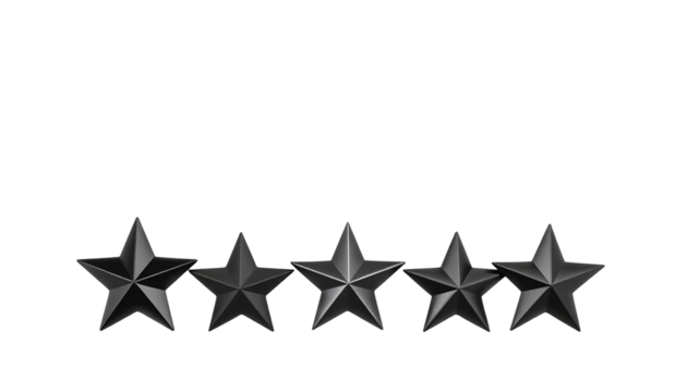 Five black stars rating on transparent backdrop