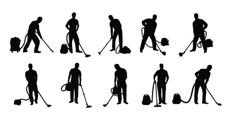 Man vacuuming silhouette illustration set