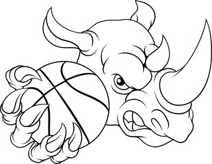 Rhino Rhinoceros Basketball Cartoon Sports Mascot