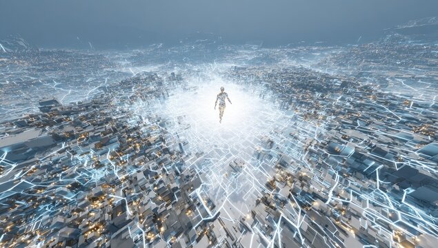 Floating figure surrounded by glowing energy above a futuristic city