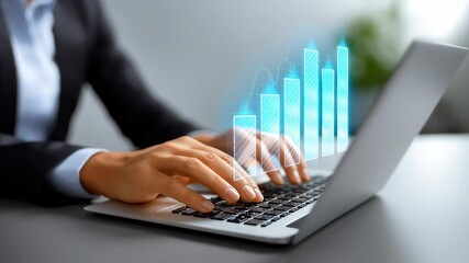 Hands typing rapidly on laptop in a sleek workspace with a digital graph overlay displaying growth. Bright and modern office setting enhances focus on productivity - Powered by Adobe