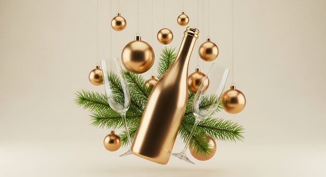 A golden champagne bottle and two empty champagne glasses are suspended mid air with green fir branches and golden ornaments Christmas celebration party - Powered by Adobe