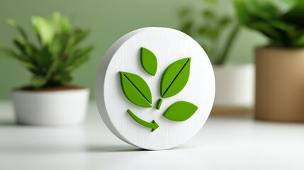 A modern decorative emblem featuring green leaves symbolizing nature and sustainability.