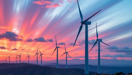 Obraz premium Wind turbines at sunset in nature scenic landscape renewable energy concept vibrant sky view