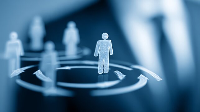 A modern concept of business networking with virtual figures and connections.