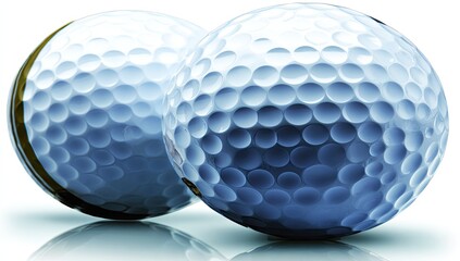 Two white golf balls with dimples, slightly angled. Reflective surface