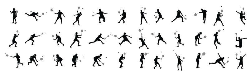 Set of badminton players vector silhouettes 