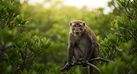 Naklejka premium A monkey sits on a branch in a lush green forest.