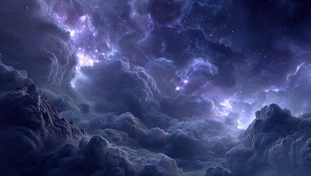Dramatic, swirling clouds with glowing purple celestial light