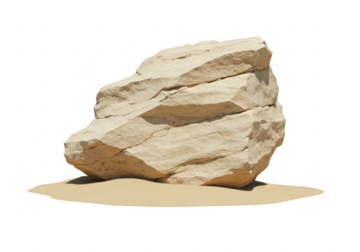 A rough, weathered sandstone rock isolated on transparent background, resting on a bed of fine sand