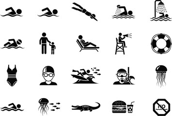 Fototapeta premium Collection of black and white flat icons representing various swimming and water sports activities and pool safety symbols