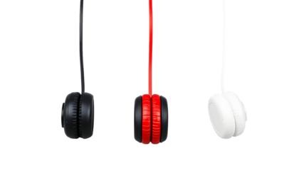 Three headphones hanging with different colored cables