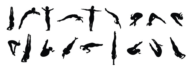 Set of illustrations of women diving on diving boards