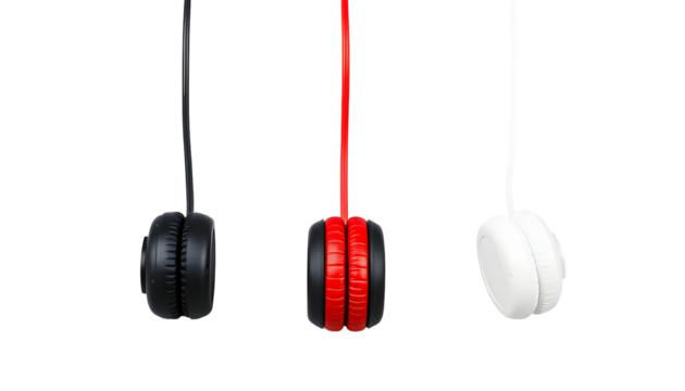 Three headphones hanging with different colored cables