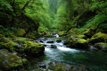 Lush green forest stream